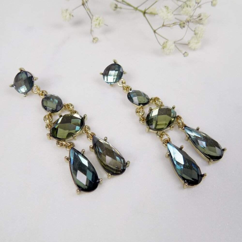 vintage green gold chandelier drop crystal statement earrings elegant